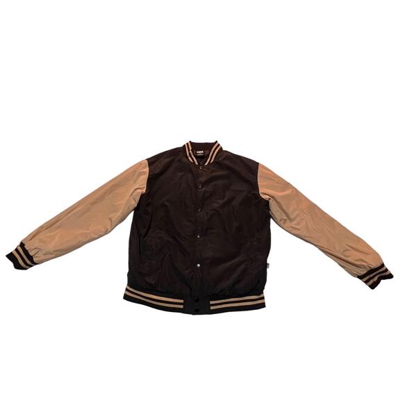 CSG Mens Bomber Varsity Jacket Black and Brown Size Large Snap Button - Picture 1 of 5